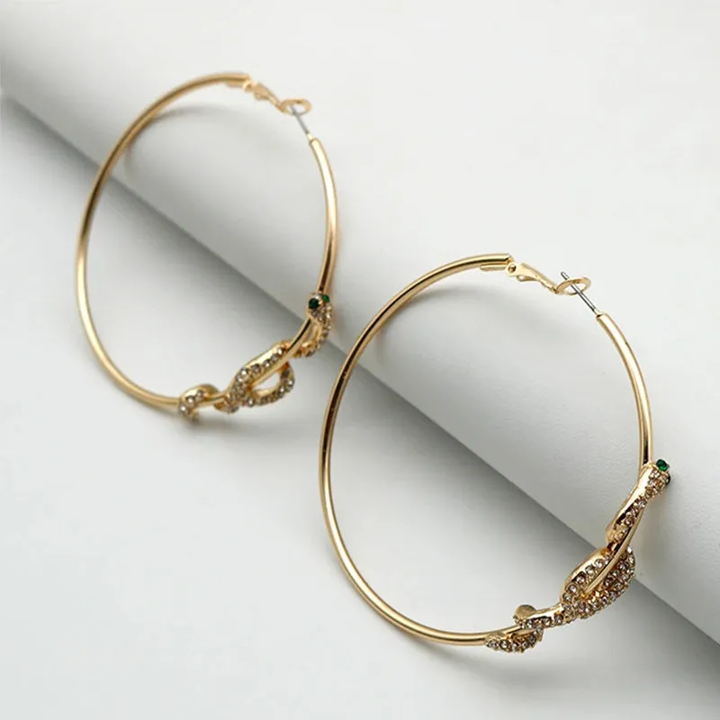 Gold Tone Crystal Rhinestone Snake Serpent Zircon Hoop Earrings